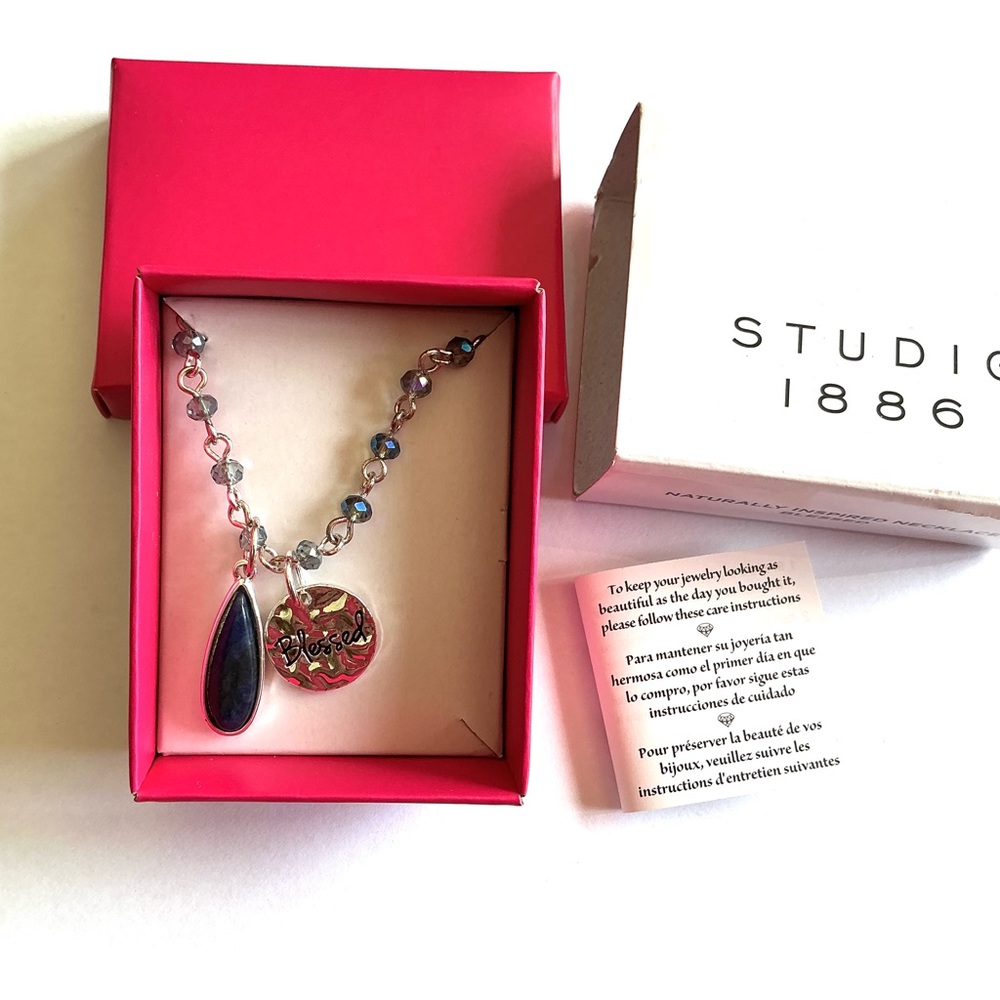 Studio Silver Necklace with Dark Blue Stone and Crystal Accents